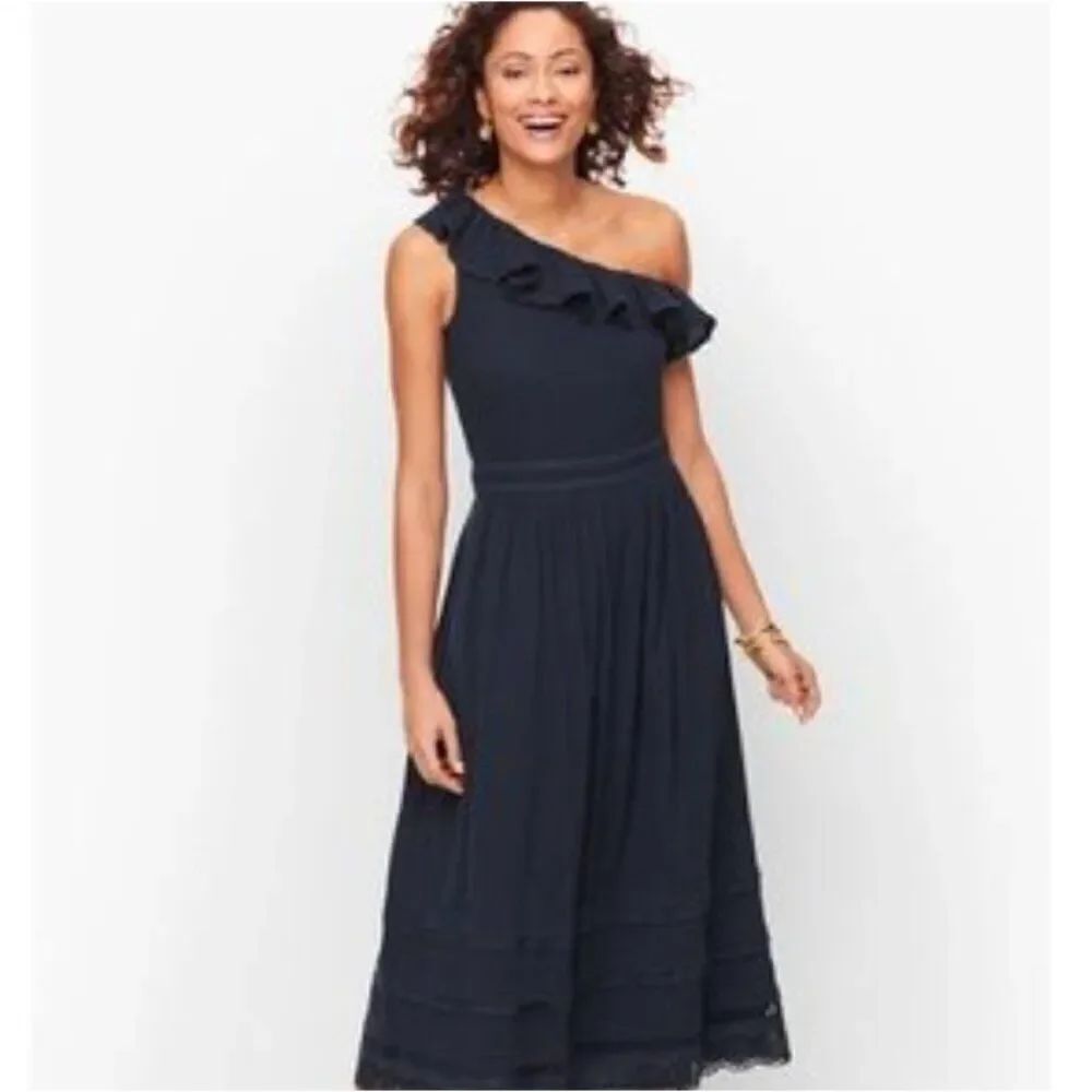 Talbots Womens A-Line Dress Size 14 Blue Ruffled One Shoulder Midi NWT